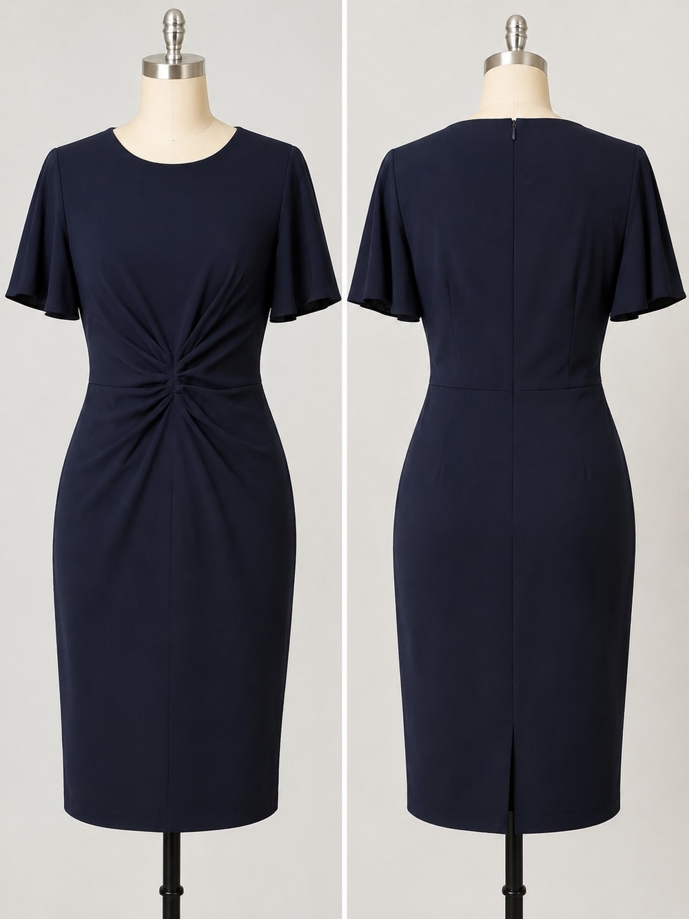Calvin Klein Womens 16 Navy Scuba Crepe Sheath Dress Ruched Flutter Sleeve NWT